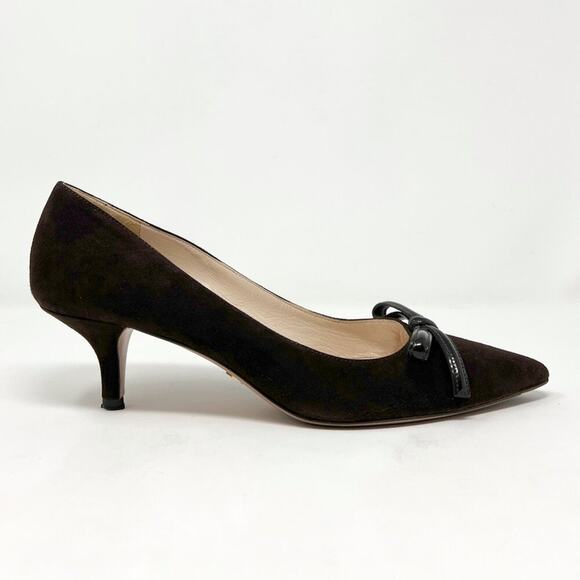 Prada Brown Suede Pointed-Toe Bow Pumps EU 37 Mid Heel | Made in Italy - Picture 4 of 9